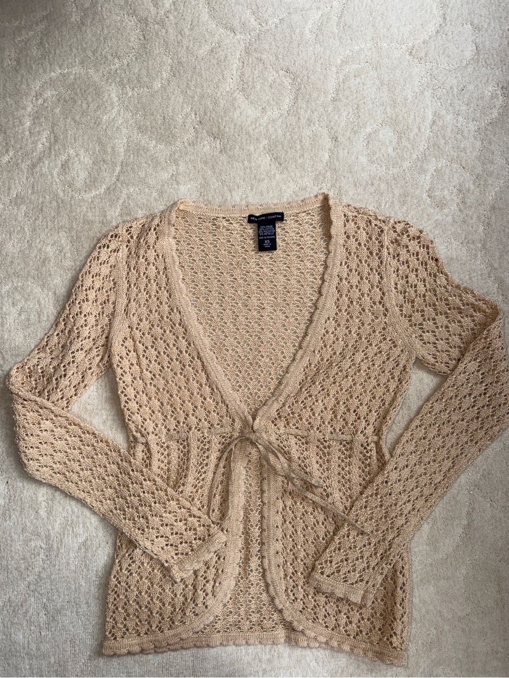 New York & Company Beige Open-Knit Tie-Front Cardigan